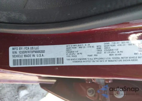 2023 Ram 1500 Laramie 4X4 6'4 Box из США, поврежденный, VIN 1C6SRFRT8PN666302